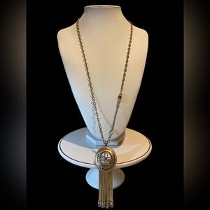 Chico's Gold Tone oval pendant Rhinestone long fringe necklace